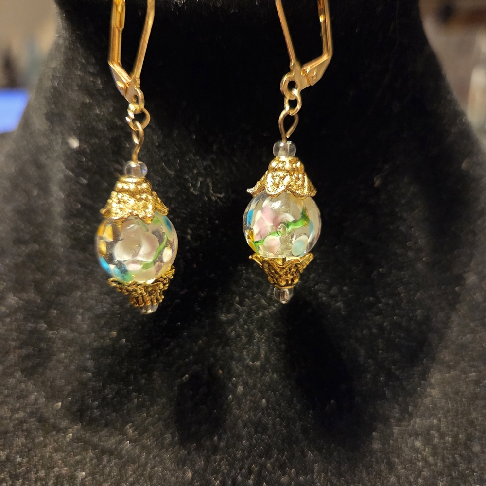 Gold-Tone Floral Glass Drop Earrings with Multicolor Accents